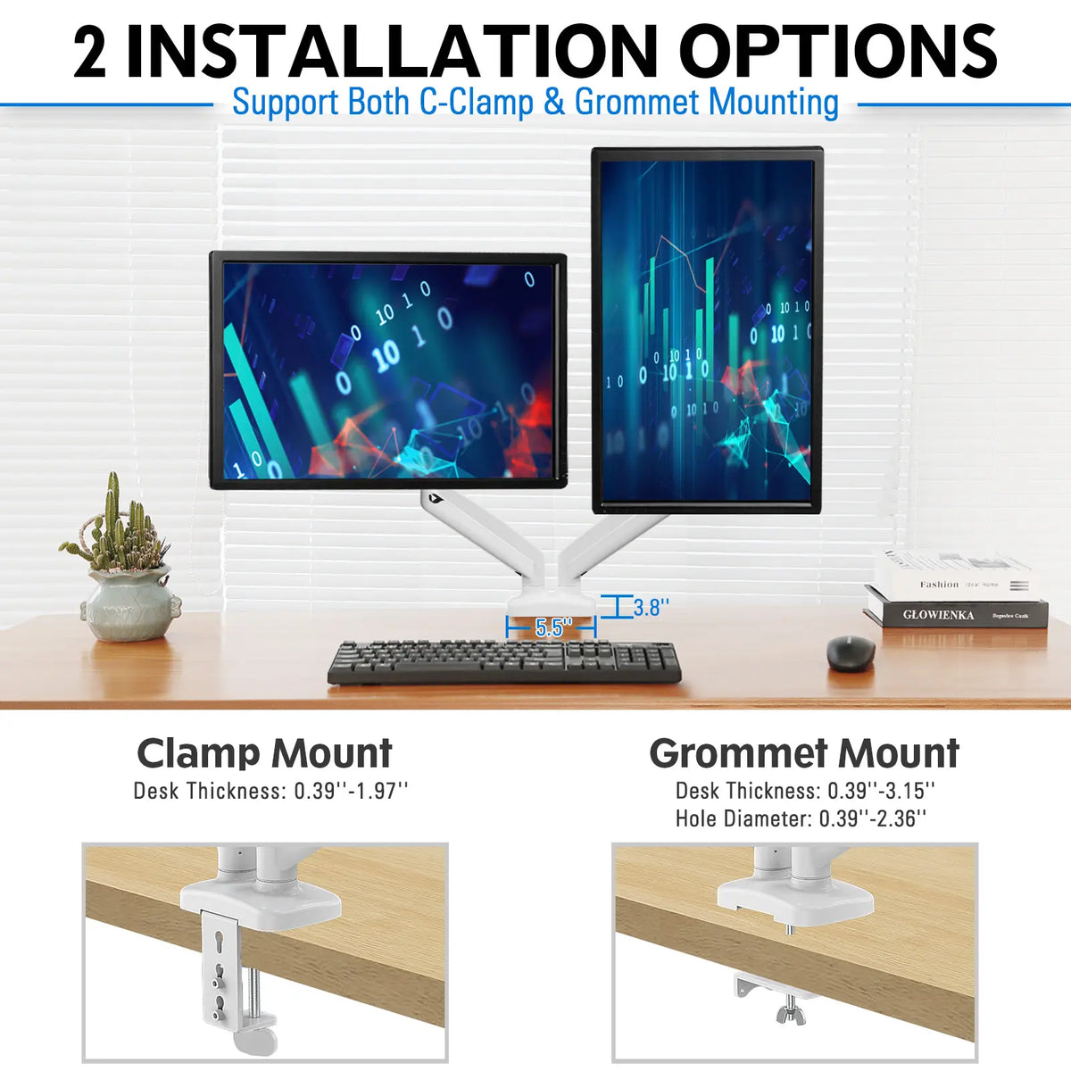 Single & Dual Monitor Desk Mount | Height Adjustable | C-Clamp & Grommet Base | White