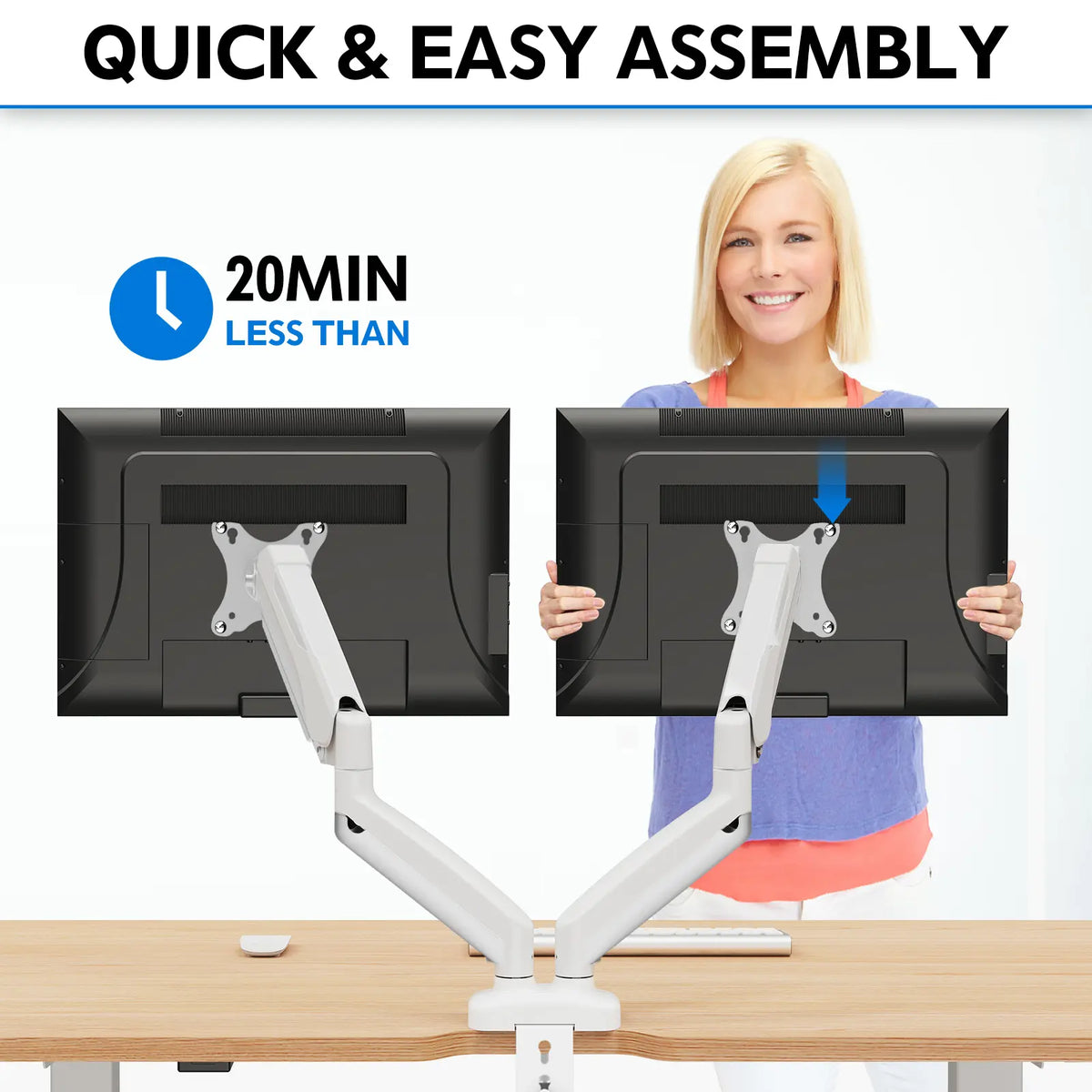 Single & Dual Monitor Desk Mount | Height Adjustable | C-Clamp & Grommet Base | White