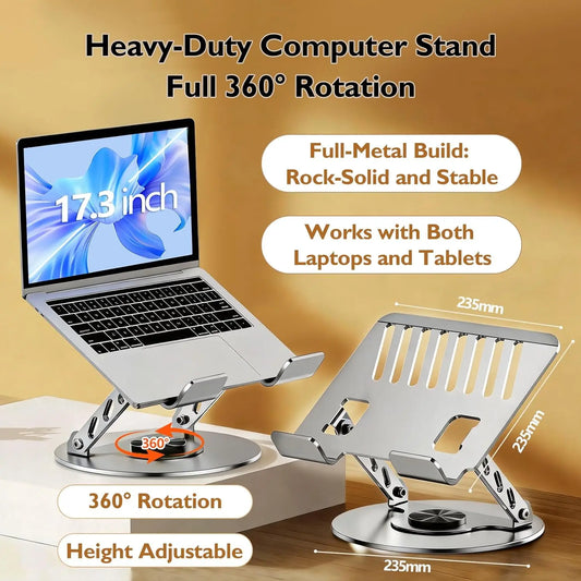 Ergonomic Aluminum Alloy Laptop Stand - Height-Adjustable, Heavy-Duty 360° Rotatable Foldable Desk Riser with Cooling Vent Grid, Supports Laptops Up to 22 lbs & 17-in Notebooks, Home/Travel Work Accessories Desk PC Accessories Cool Office Stuff