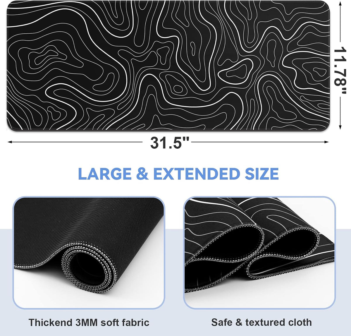 DIGSOM Gaming Mouse Pad, Black with White Topographic Line, 31.5x11.8in