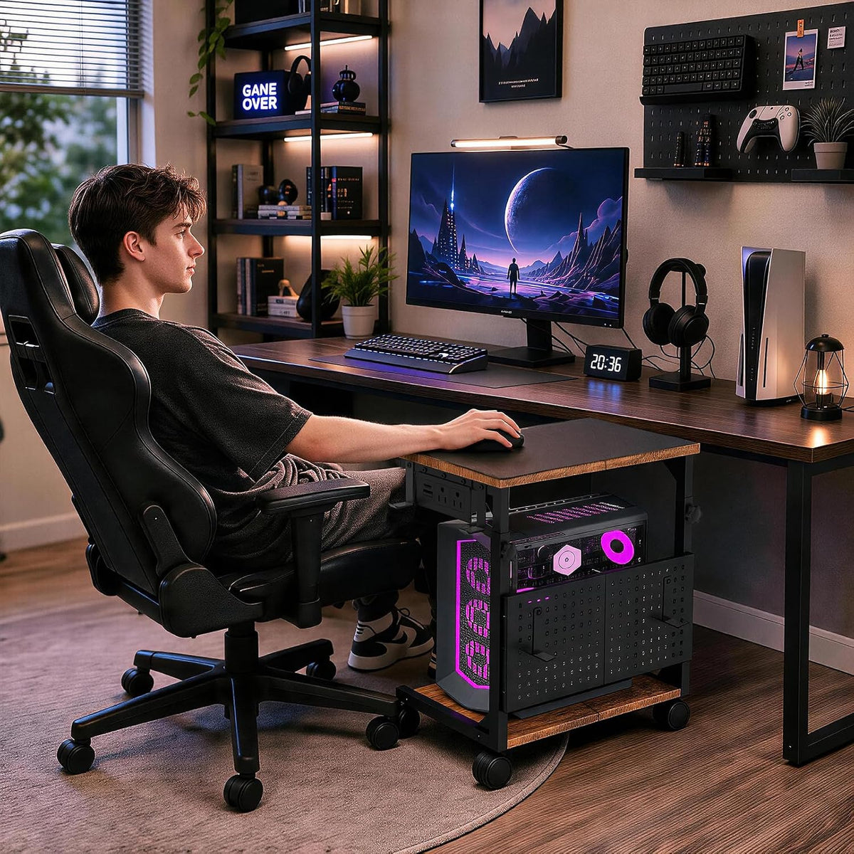Adjustable Computer Tower Stand with Charging Station & Pegboard,Brown