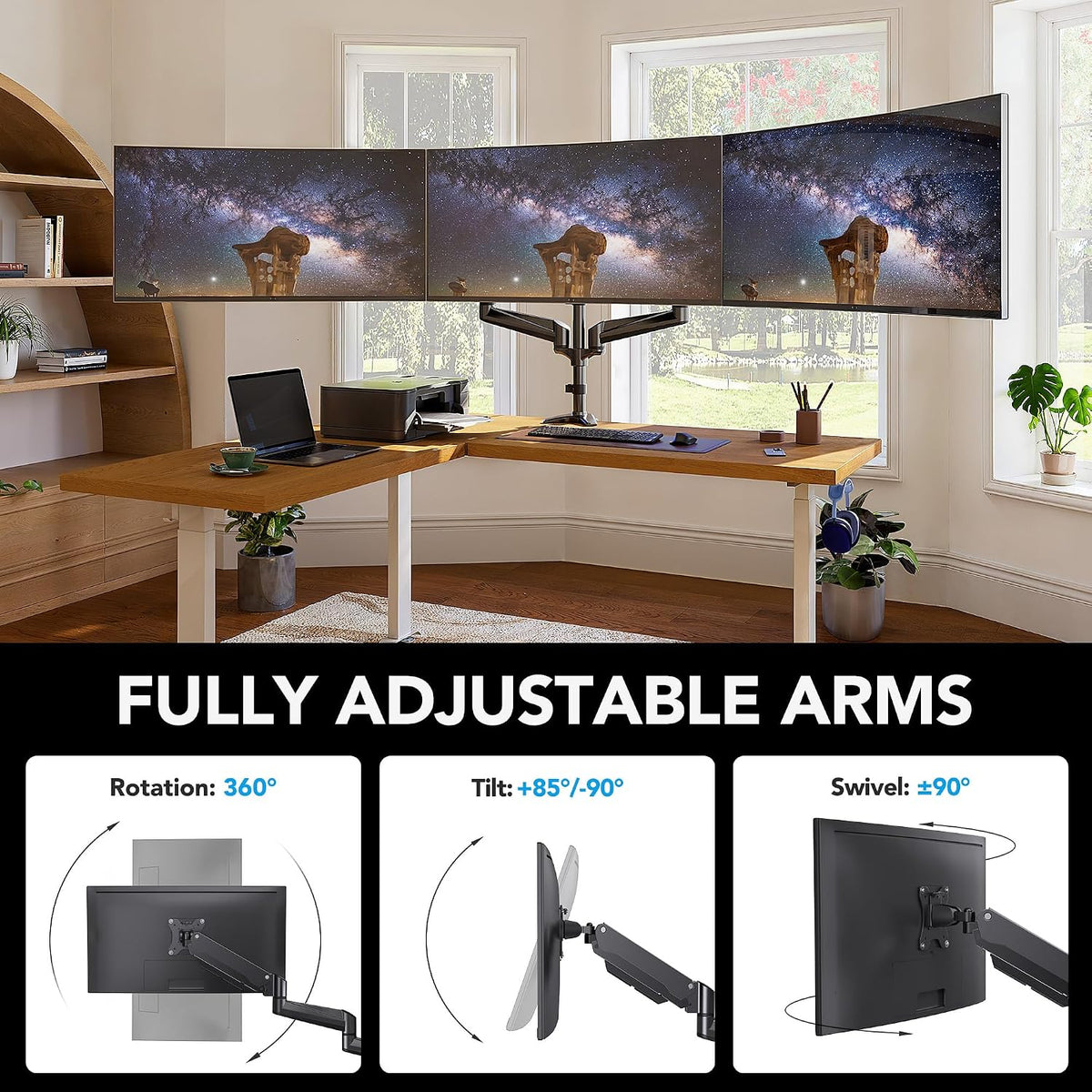 HUANUO Triple Monitor Mount for 17 to 32 inch Screens, Adjustment Gaming Triple Monitor Stand with Swivel, Tilt, Rotation, Clamp & Grommet Kit