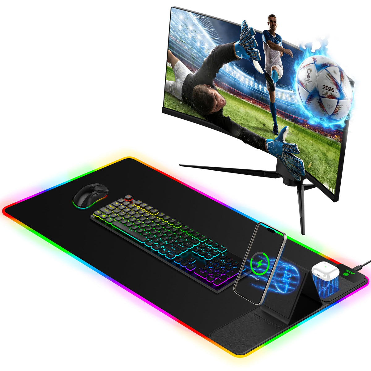 XXL Mouse Pad with Phone Holder - Black, RGB Desk Mat with 15W Fast Charging, LED Gaming Mousepad with 11 Light Colors, Waterproof Non-Slip Pad for Office & Home (Black with PD Adapter)