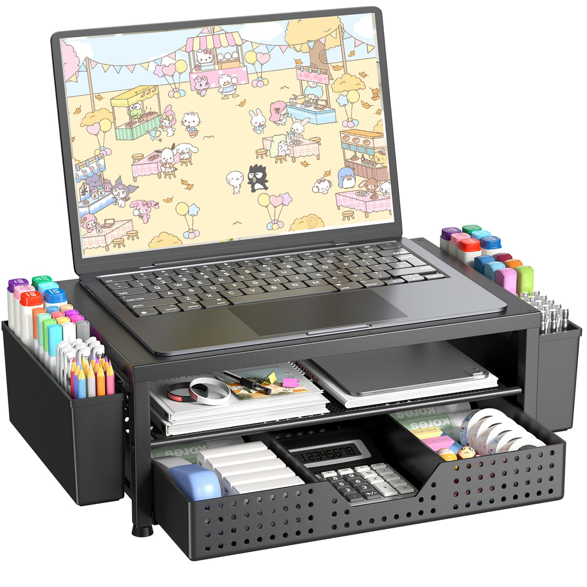 OPNICE Desk Organizer and Accessories, 2-Tier Computer Monitor Stand Riser with Drawer and 2 Pen Holders, Laptop Stand, Office Desk Accessories for Office Supplies, Black