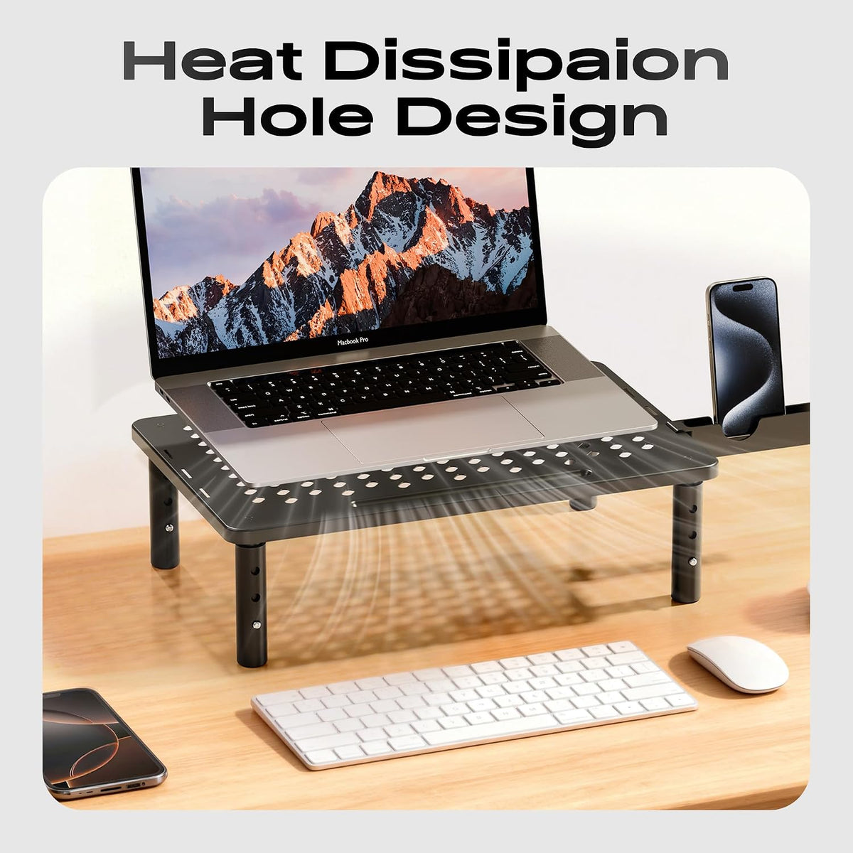 Computer Monitor Stand Riser for Desk, 3 Height Adjustable PC Laptop TV Desktop Monitor Stand Shelf, Metal Printer Table with Phone Holder, Stand Riser for Desk, Office Desk Organizers and Accessories, 2 Pack
