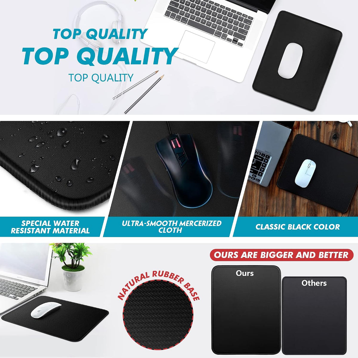 Mouse Pad Bundle Stitched Edges Premium Waterproof Gaming Mouse Mat Pad, Extends Battery Life Non-Slip Rubber Base Thick Black Mousepad for Laptop Computer & PC, 11 x 8.7 inch, Black-Pack of 6