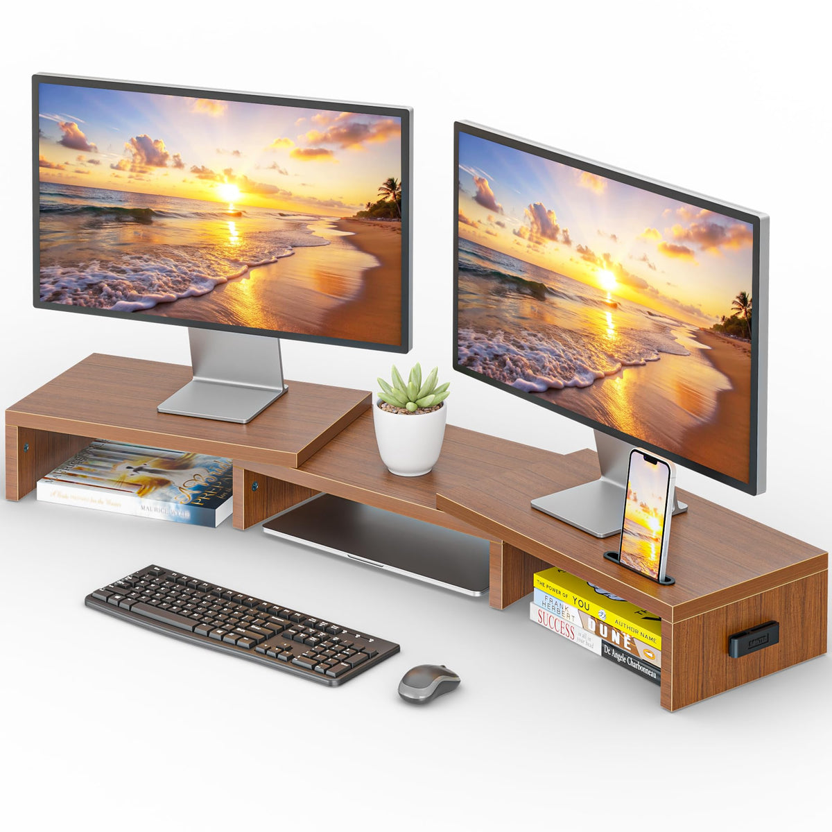 BONTEC Dual Monitor Stand Riser, Adjustable Length & Swivel Angle, White
