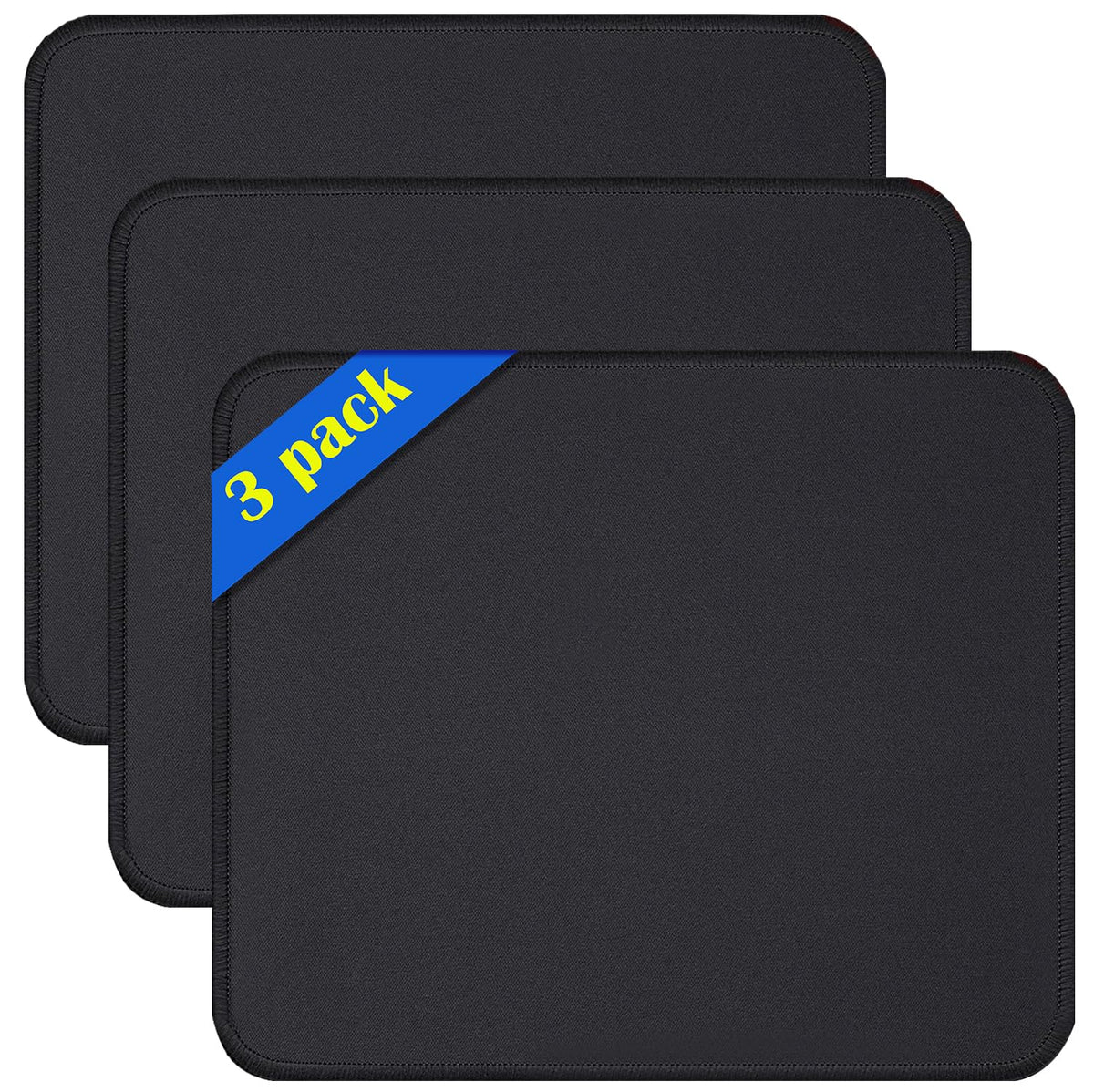 Mouse Pads, 3 PCS, Black Standard Mouse Pads, Office and Gaming,Stitched Edges, Rubber Anti Slip Base Mouse pad, Dirt Resistant, Durable, Square, 10.2 inches x 8.3 inches x 0.12 inches