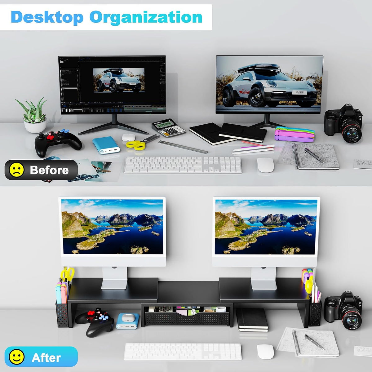 Spacrea Dual Monitor Stand Riser with Drawer and 2 Pen Holders