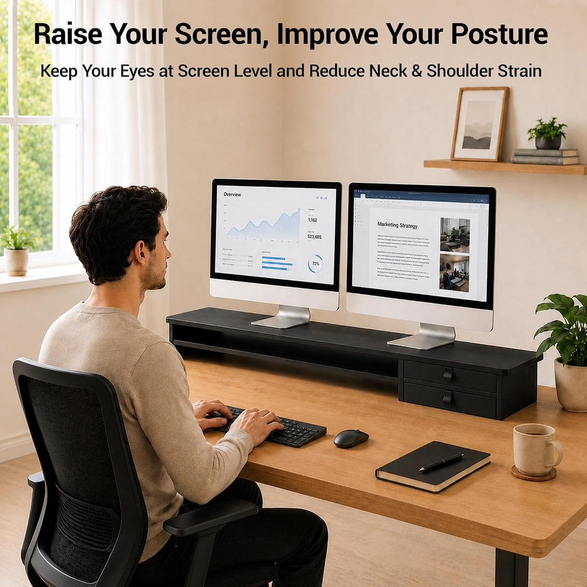 Dual Monitor Stand, 42.5 Inch Wood Monitor Riser with Drawers, 2 Tier Desktop Organizer for Computer Laptop TV, Large Screen Stand for Home Office Desk