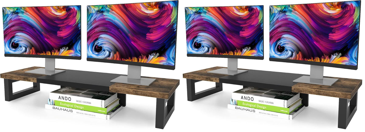 WESTREE Dual Monitor Stand Riser, Wood and Steel Multi-Purpose Desktop Storage Stand for 2 Monitors for Computer, Laptop, Printer, TV, Rustic Brown