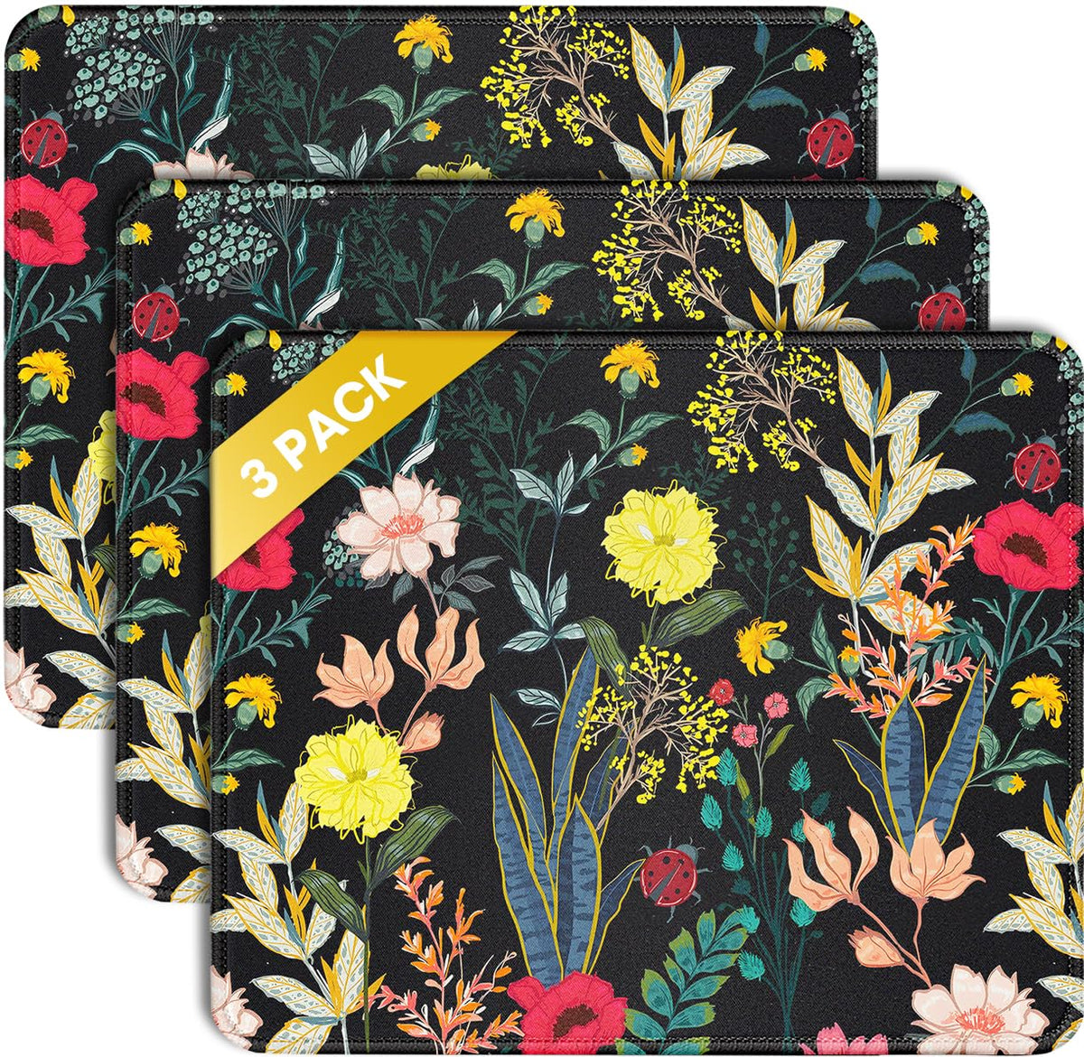JIKIOU 3 Pack Mouse Pad with Stitched Edge, Perfect Size 10.2x8.3in Black