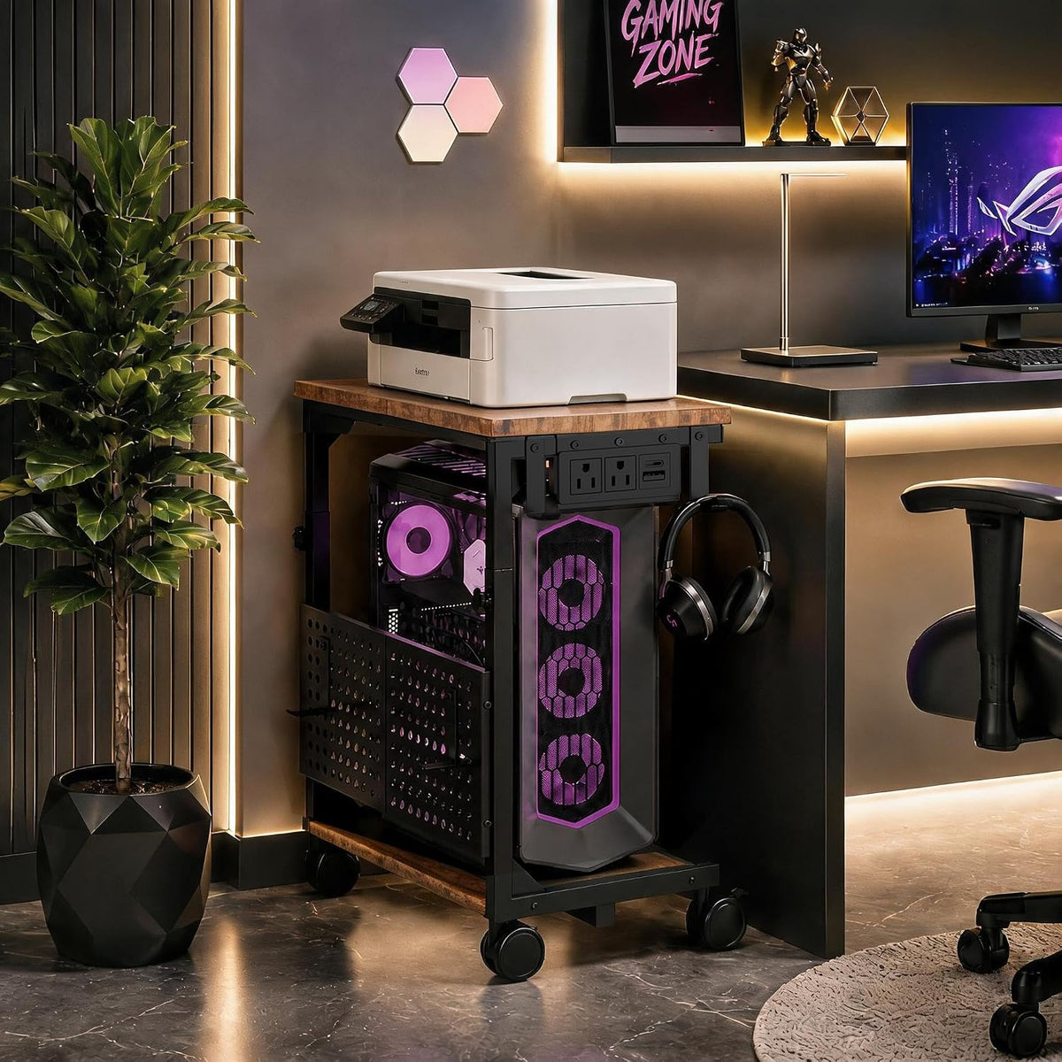 Adjustable Computer Tower Stand with Charging Station & Pegboard,Brown
