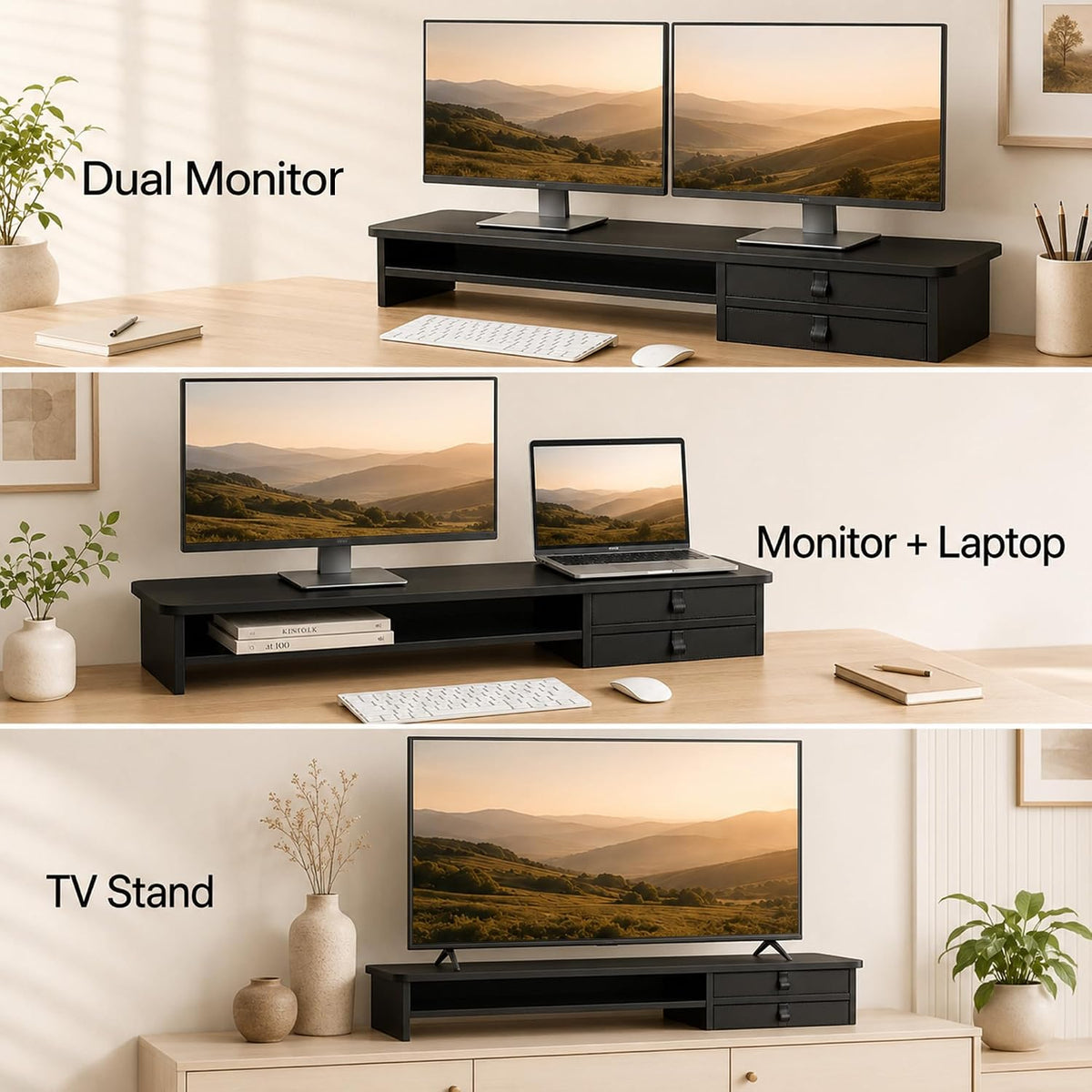 Dual Monitor Stand, 42.5 Inch Wood Monitor Riser with Drawers, 2 Tier Desktop Organizer for Computer Laptop TV, Large Screen Stand for Home Office Desk