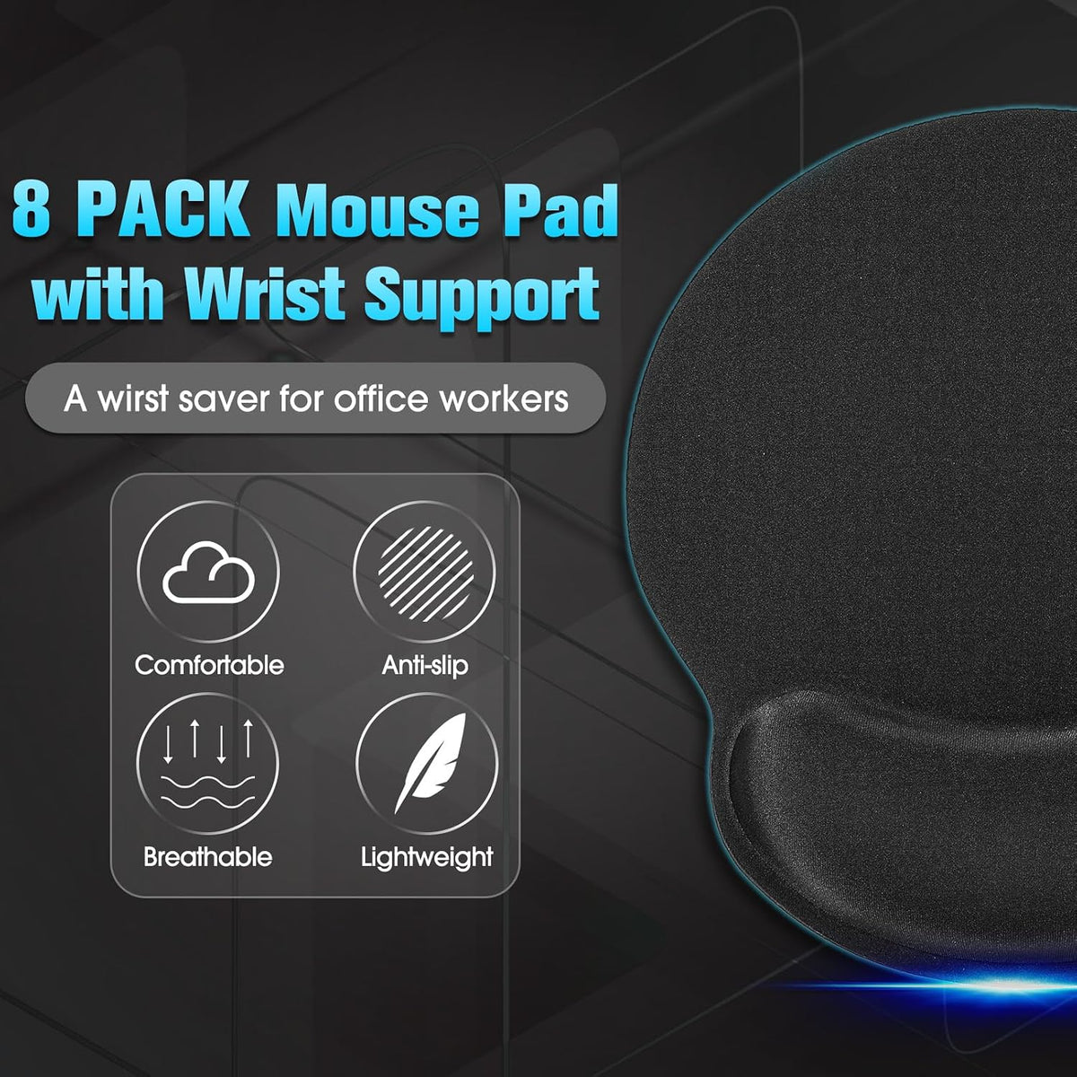 Yunsailing 8 Pack Ergonomic Mouse Pad with Wrist Rest Gel Foam,Black