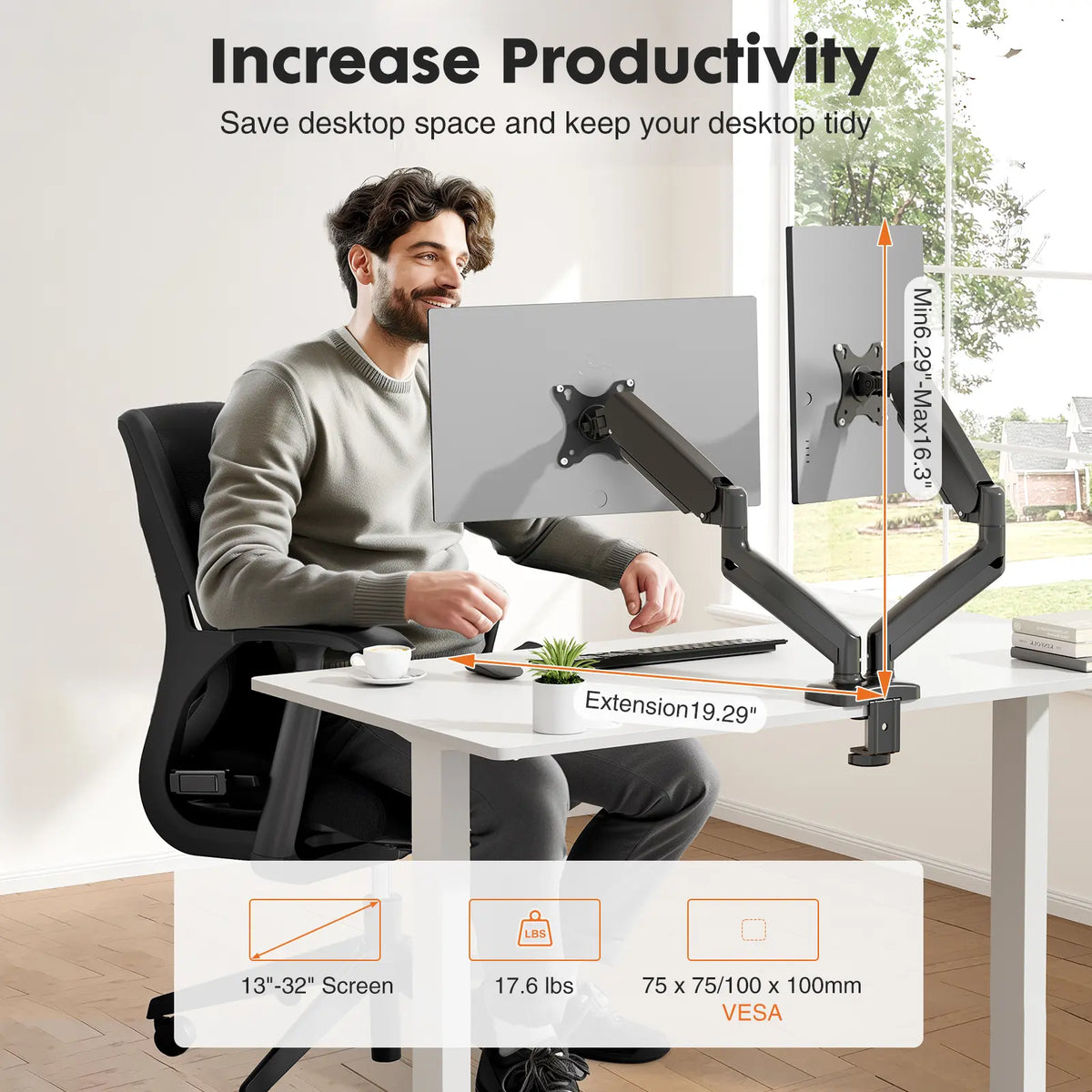 Ergonomic Dual Monitor Mount with Gas Spring, Swiveling VESA Bracket, Height Adjustment, Clamp/Base & Grommet Option - Office Furniture Desk Accessory, Adjustable Arm Platforms & Stands, Monitor Riser
