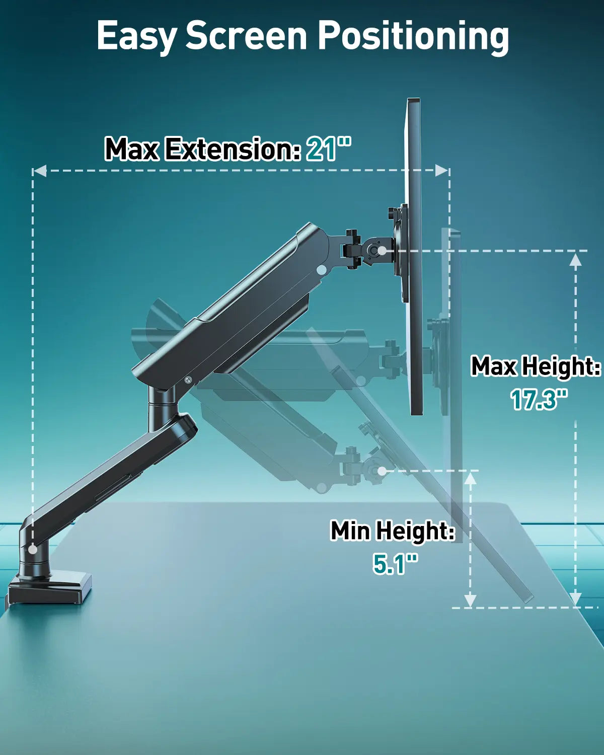 Plastic Single Monitor Arm - Adjustable Gas Spring Holder Desk Setup Accessory, Office Furniture Tabletop Display Stand for 13"-32" Screens, White/Black, Display Stands