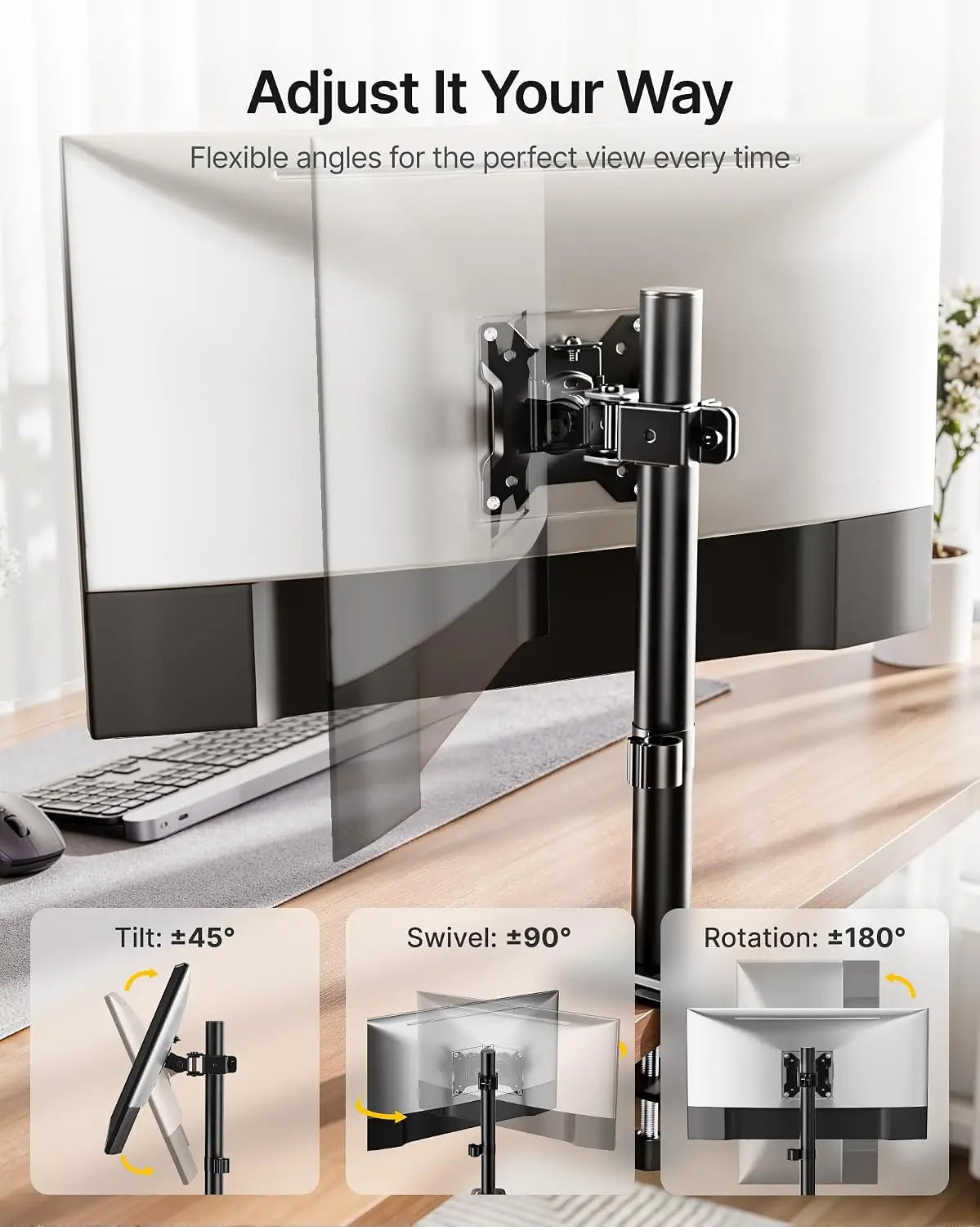 monTEK Single/Dual Monitor Stand for 17-32" Screens, 22 lbs Single-screen desk mount, height adjustment, tilt, swivel, rotation, clamp/grommet bases and VESA 75/100