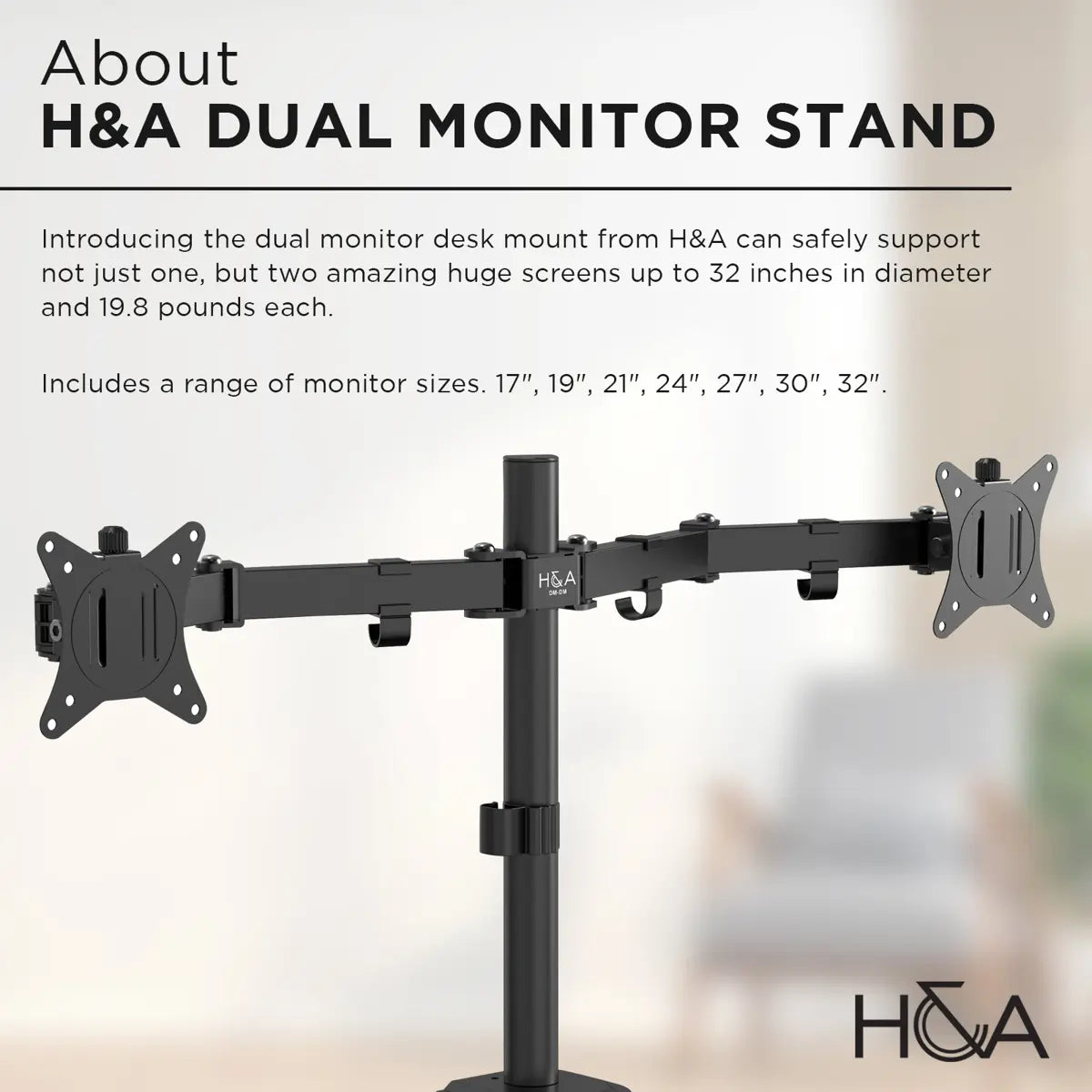 H&A Heavy-Duty Steel Dual Monitor Arms, Fully Adjustable Office Desk Monitor Holder Mount Stand with C-Clamp, Black