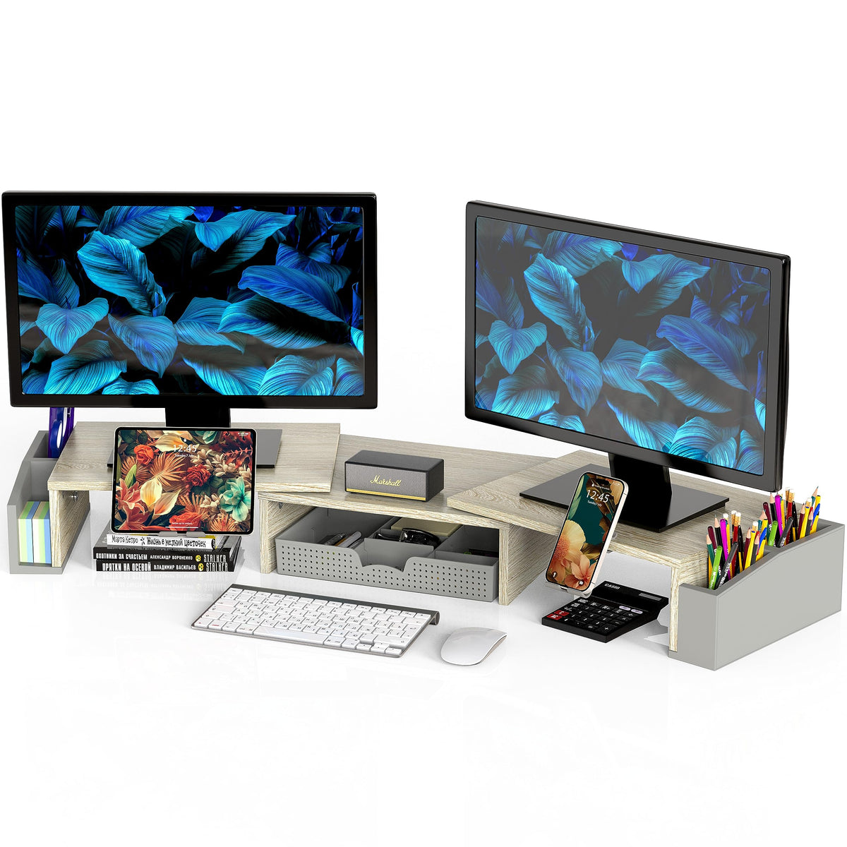 Simple Houseware Desk Dual Monitor Stand Riser with Drawer, Rustic Brown