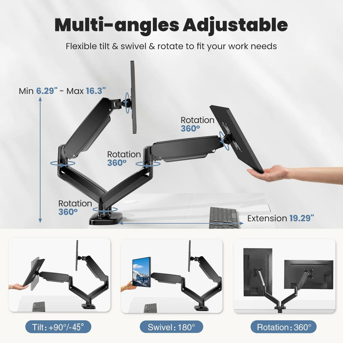 Sweetcrispy Dual Monitor Stand - Gas Spring Metal Plastic Desk Accessory, Full Motion Dual Monitor Arm Platforms & Stands for 13"-32" Screens (Up to 17.6 lbs Each) with 360° Rotation, Tilt, Swivel, VESA 75x75/100x100mm, Clamp/Grommet Base