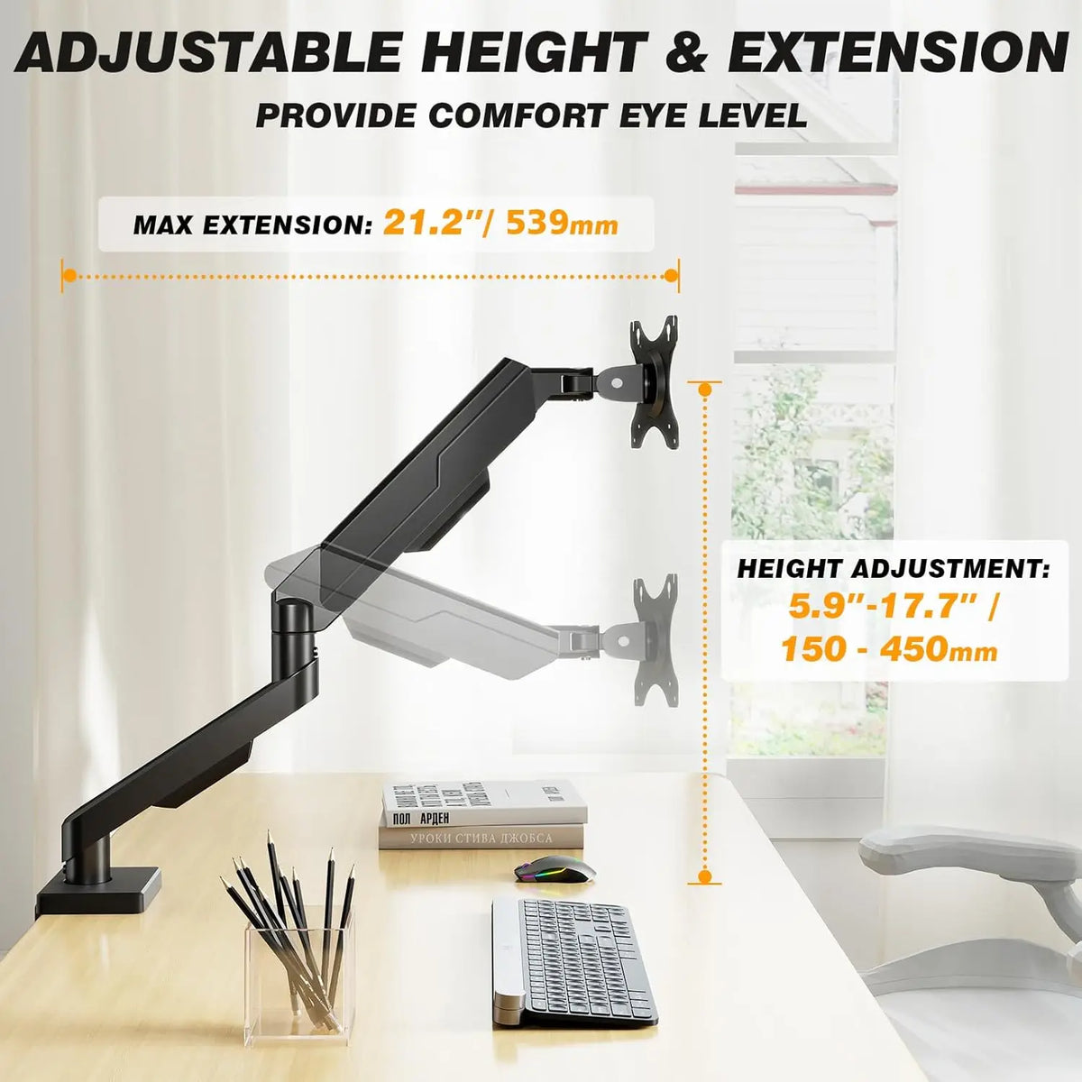 Classic Alloy Steel Adjustable Single Monitor Arm Desk Mount - Full Motion Ergonomic VESA Screen Bracket for Gaming Setup, Home Office, Holds Screens Up to 35 in, C-Clamp Grommet Dual Base with Hidden Cable Organizer