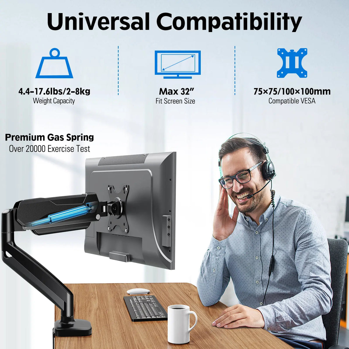 Gas Spring Adjustable Single Monitor Desk Mount for 13"-32" Screens | Upgrade Your Desk