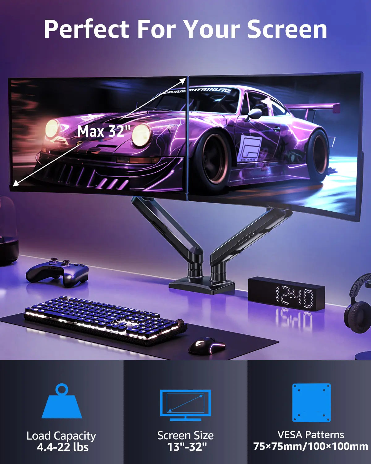 MOUNTUP Dual Monitor Mount - Height-Adjustable Arms, Dual Monitor Riser, Desk Accessory, Computer & Office Accessories, Fits Up to 32 in, Home Office VESA Mounts, Freelift Black