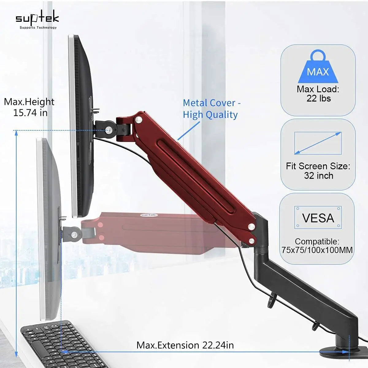 SUPTEK Compact Alloy Steel Single Arm Monitor Mount for Small Home Office Desk - Adjustable for 13-32 Inch Monitors, Clamp-Mounted for Cleaner, More Comfortable Workspace, Great Gift Idea