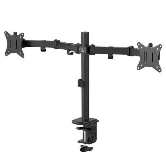 H&A Heavy-Duty Steel Dual Monitor Arms, Fully Adjustable Office Desk Monitor Holder Mount Stand with C-Clamp, Black