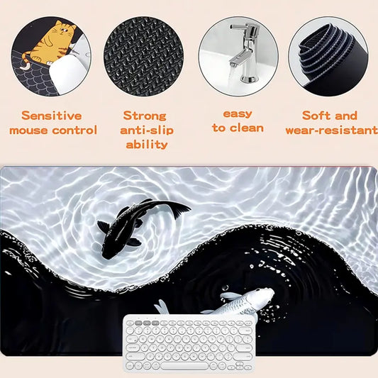 Extra Large Yin Yang Koi Waves Gaming Mouse Pad Desk Mat 35 x 16 Inches with Non-Slip Rubber Base and Durable Stitched Edge, Desktop Accessory, Desk Accessories, Perfect Gift for Home and Office, Christmas