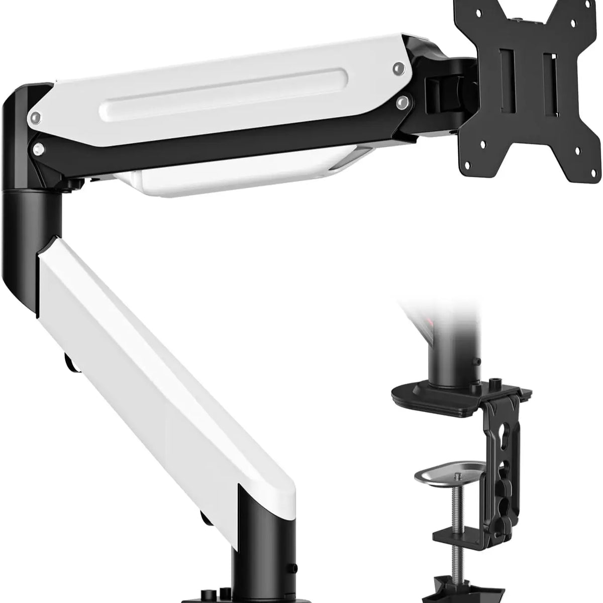 SUPTEK Single Gas Spring Monitor Arm, Modern Computer Desk Mount with 18.7" Max Height, Swivel & C-Clamp, Heavy Duty Holder for 17-35 in Screens Up to 22 lbs, Assembly Required, Improving Posture for Professional Workstations, Monitor Arms