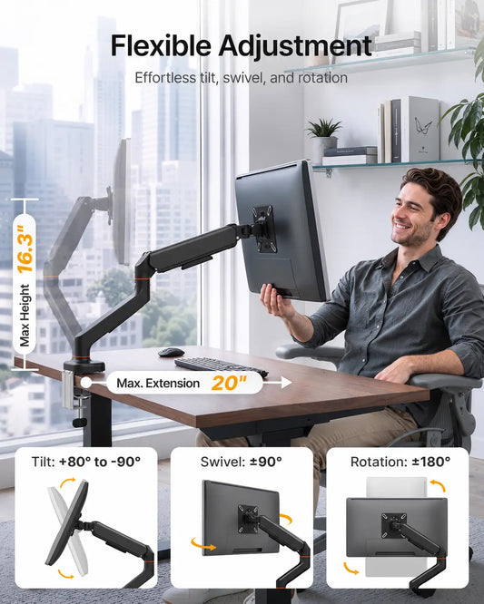 Single Monitor Arm for 17–32" Monitors up to 19.8 lbs, Full Motion Gas Spring Monitor Mount with C-Clamp & Grommet Base, VESA 75x75/100x100 Aluminum Desk Stand for Flat and Curved Screens
