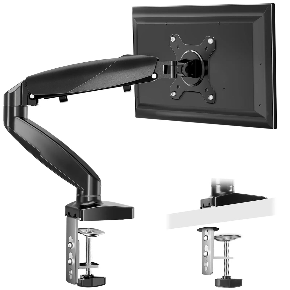 Sweet Furniture F Adjustable Monitor Arm Mount - Heavy-Duty Gas Spring Desk Mount for 15-27 in VESA 75x75 Monitors, Clamp & Grommet Base, Laptop Stand & Tray Compatible, Screen Rotation Support, Maximizes Desktop Space