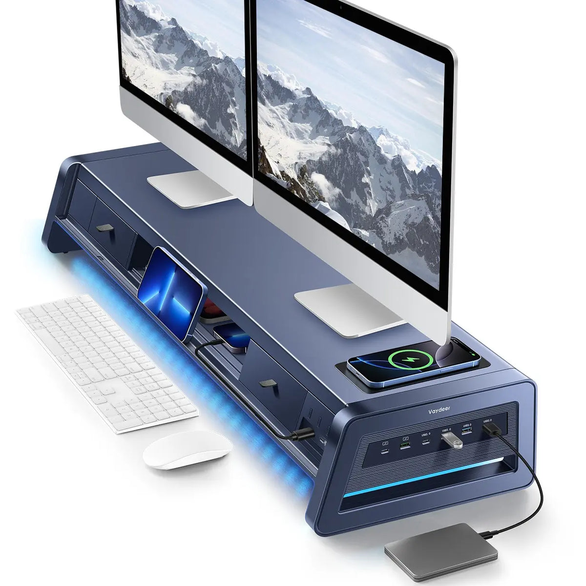 Vaydeer Metal Dual Monitor Stand Riser - 110lb Capacity Monitor Mount with 8 USB Ports, Wireless Charge Pad, 2 Storage Drawers, Desk Organizer, Ergonomic Durability, LED Lighting for Office Setup, PC Accessories, Desk Accessories
