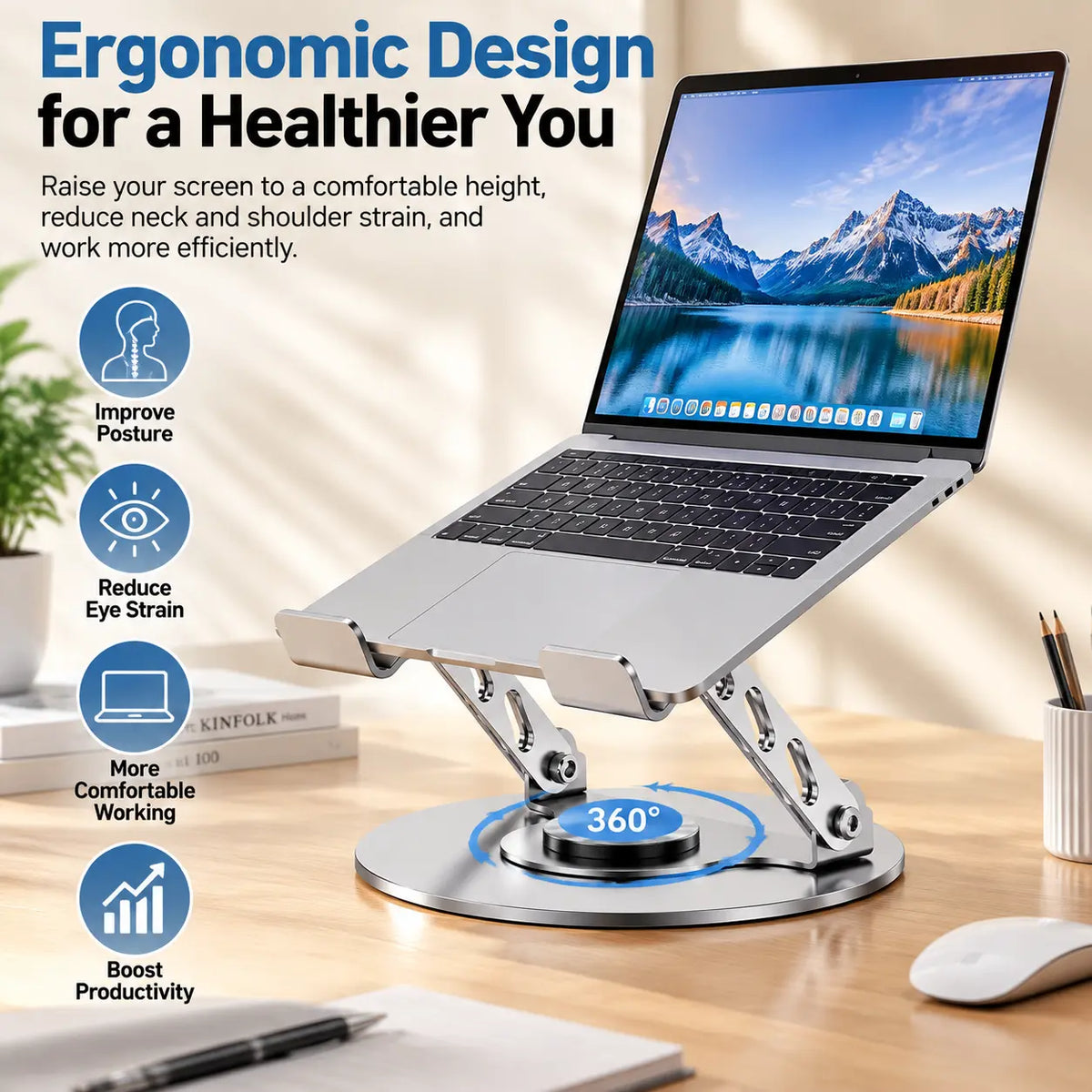 360° Rotating Laptop Stand for Desk, Adjustable Carbon Steel Laptop Riser with Ergonomic Height & Angle Adjustment, Foldable Computer Stand with Ventilated Cooling Design, Strong Dual Arm Support, Swivel Base for 10-17.3 Inch Laptop, Tablet, Home Office