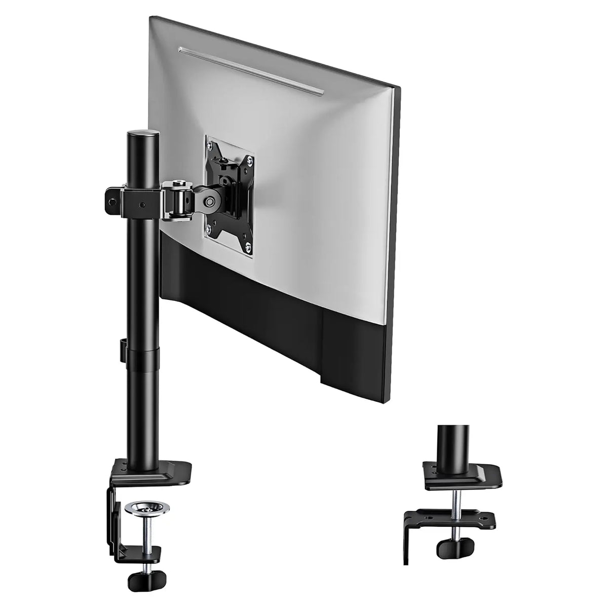monTEK Single/Dual Monitor Stand for 17-32" Screens, 22 lbs Single-screen desk mount, height adjustment, tilt, swivel, rotation, clamp/grommet bases and VESA 75/100