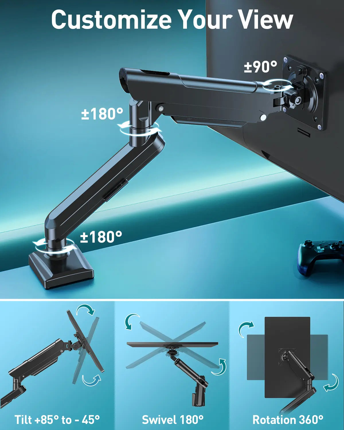 Plastic Single Monitor Arm - Adjustable Gas Spring Holder Desk Setup Accessory, Office Furniture Tabletop Display Stand for 13"-32" Screens, White/Black, Display Stands