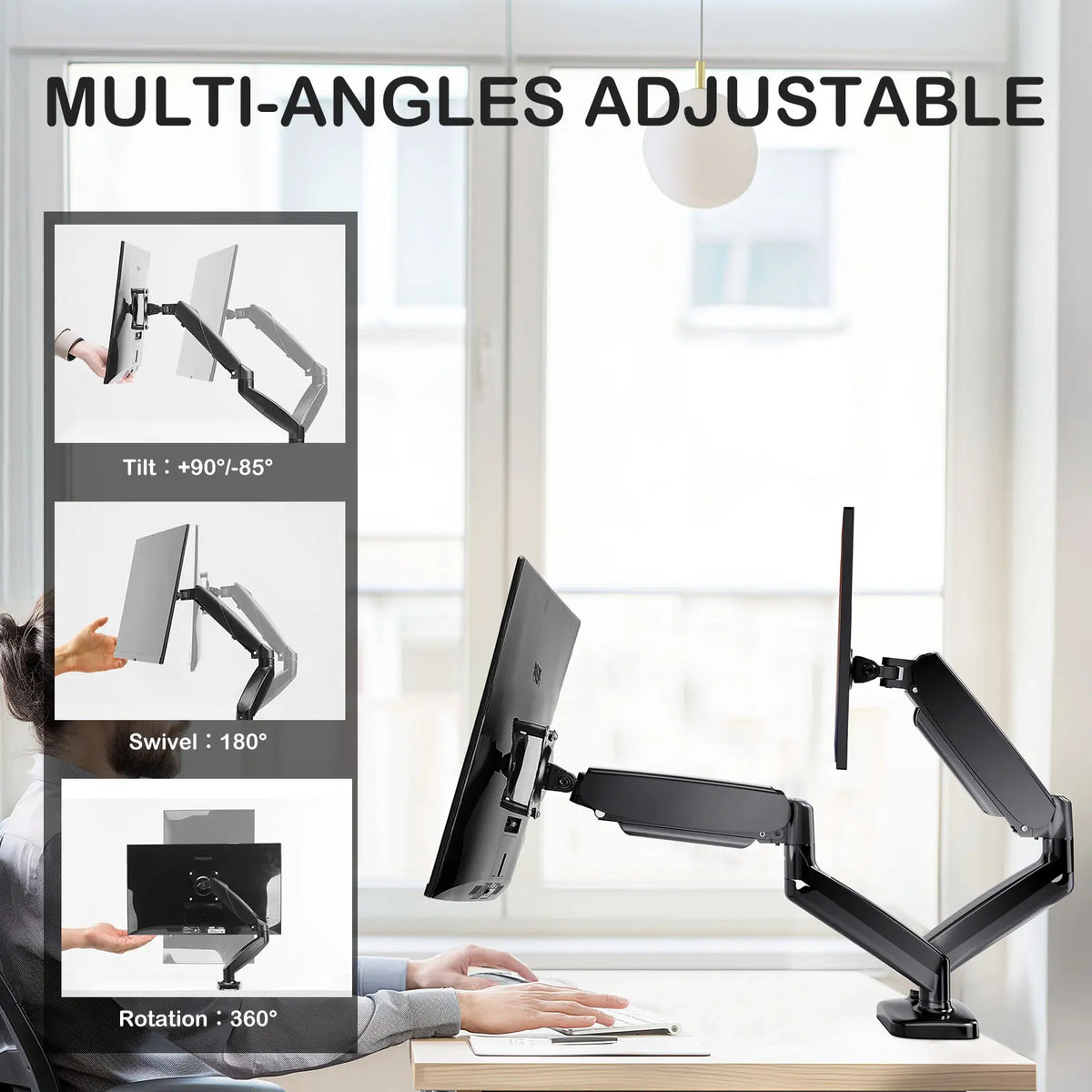 Sweetcrispy Sturdy Aluminum Alloy Gas Spring Monitor Arm Desk Mount - Ergonomic Office Computer Monitor Stand Riser, 15-27 Inch Ultra Wide Fit, 20.5in Reach, Clamp/Tension/Push-in (Grommet) Mount, Swivel, 90°/-85° Tilt, Neck & Back Strain Reducer