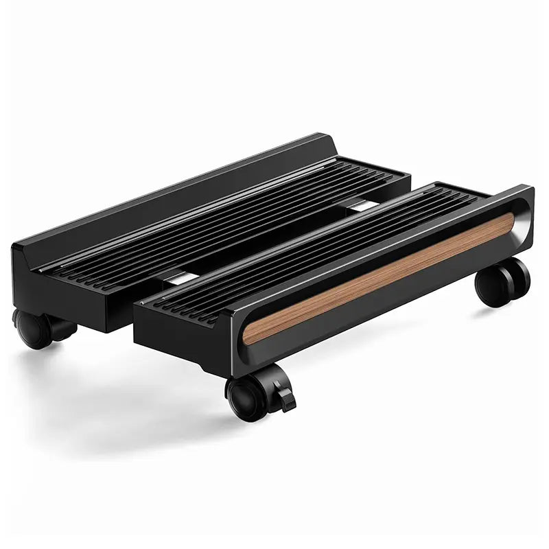 Black Adjustable Wood-Grain Plastic PC Tower Stand with Wheels-Lock, Width Adjust, Easy Move & Cleaning, Fits Most Computer Cases, PC Accessories, Desk Gadgets, Computer Stand for Desk