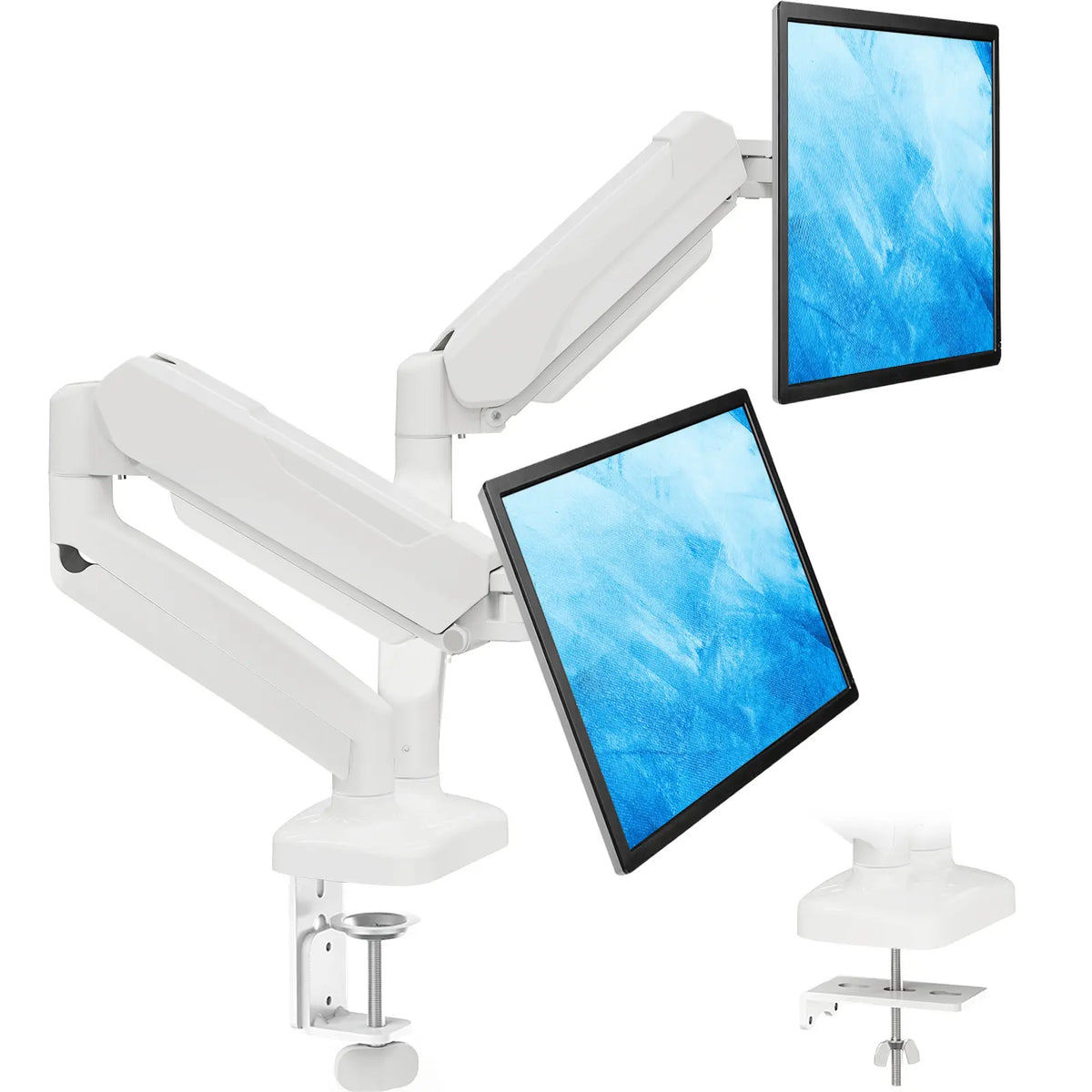 Single & Dual Monitor Desk Mount | Height Adjustable | C-Clamp & Grommet Base | White