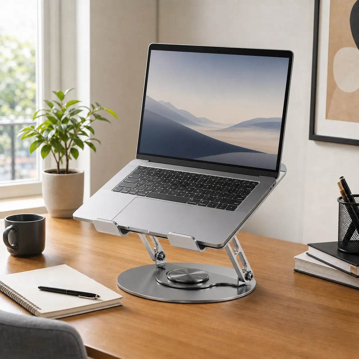 360° Rotating Laptop Stand with Adjustable Height, Foldable Aluminum Computer Riser for Desk, Ergonomic 2-in-1 Laptop and Phone Stand for Gaming Laptops, MacBook, Work From Home, Office, Study and Travel