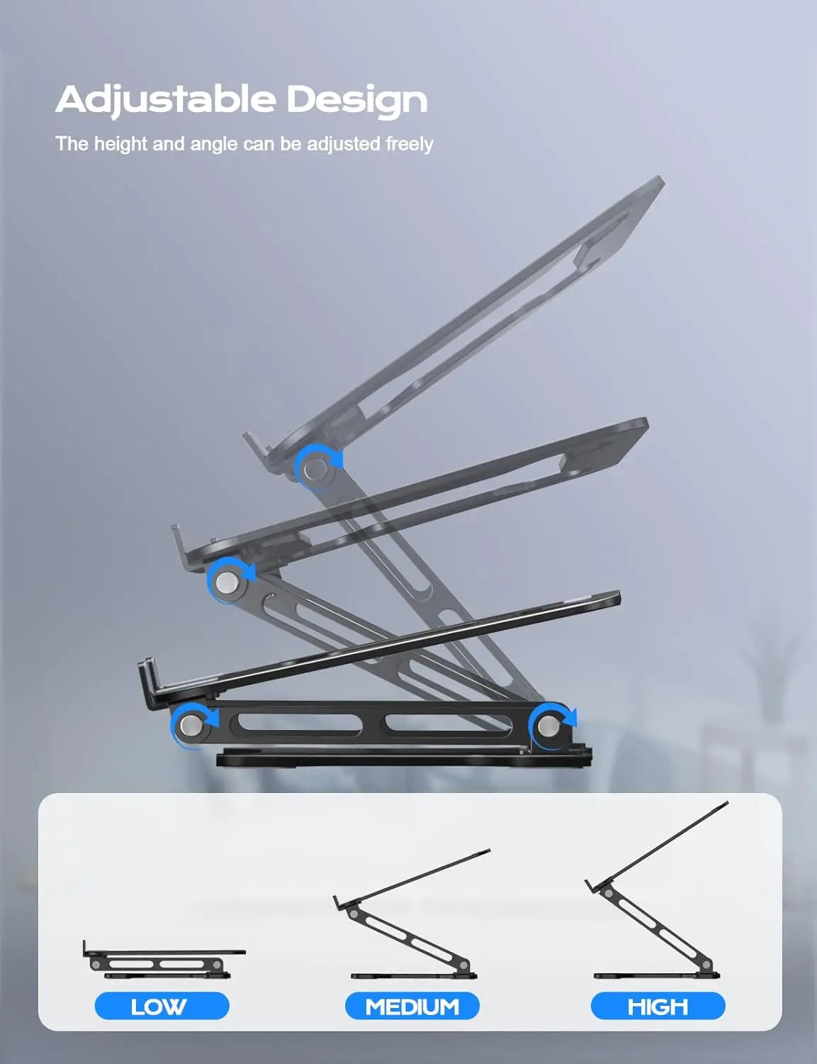 Adjustable Metal Laptop Stand for Office Furniture Desks - Foldable, Ergonomic Riser with Height Adjust, Ventilation, 4kg Capacity, Supports 10-15.6in Notebooks, Macbooks, Portable for Office Users & Home