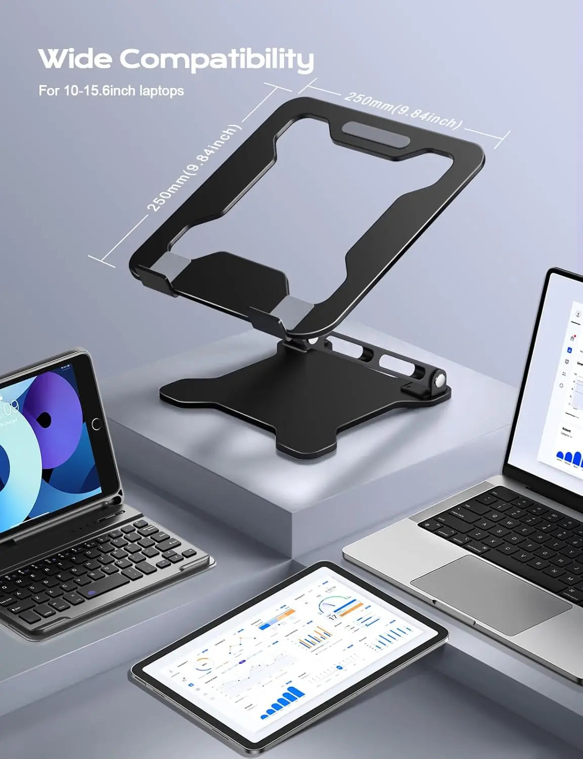 Adjustable Metal Laptop Stand for Office Furniture Desks - Foldable, Ergonomic Riser with Height Adjust, Ventilation, 4kg Capacity, Supports 10-15.6in Notebooks, Macbooks, Portable for Office Users & Home