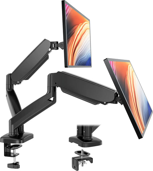 Ergonomic Dual Monitor Mount with Gas Spring, Swiveling VESA Bracket, Height Adjustment, Clamp/Base & Grommet Option - Office Furniture Desk Accessory, Adjustable Arm Platforms & Stands, Monitor Riser
