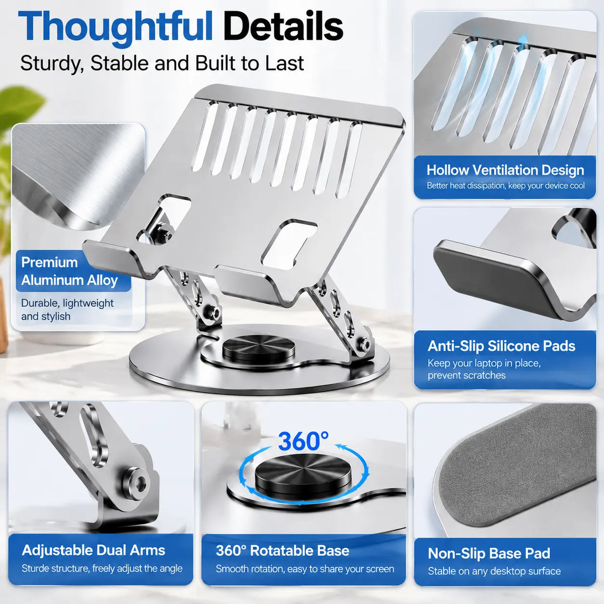 360° Rotating Laptop Stand for Desk, Adjustable Carbon Steel Laptop Riser with Ergonomic Height & Angle Adjustment, Foldable Computer Stand with Ventilated Cooling Design, Strong Dual Arm Support, Swivel Base for 10-17.3 Inch Laptop, Tablet, Home Office